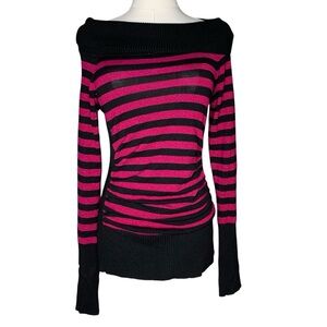 Vintage Y2K Pink Sparkly Stripe Black Off Shoulder Sweater Long Sleeve Goth Emo